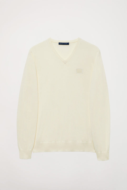 Beige V-neck basic jumper with Polo Club logo