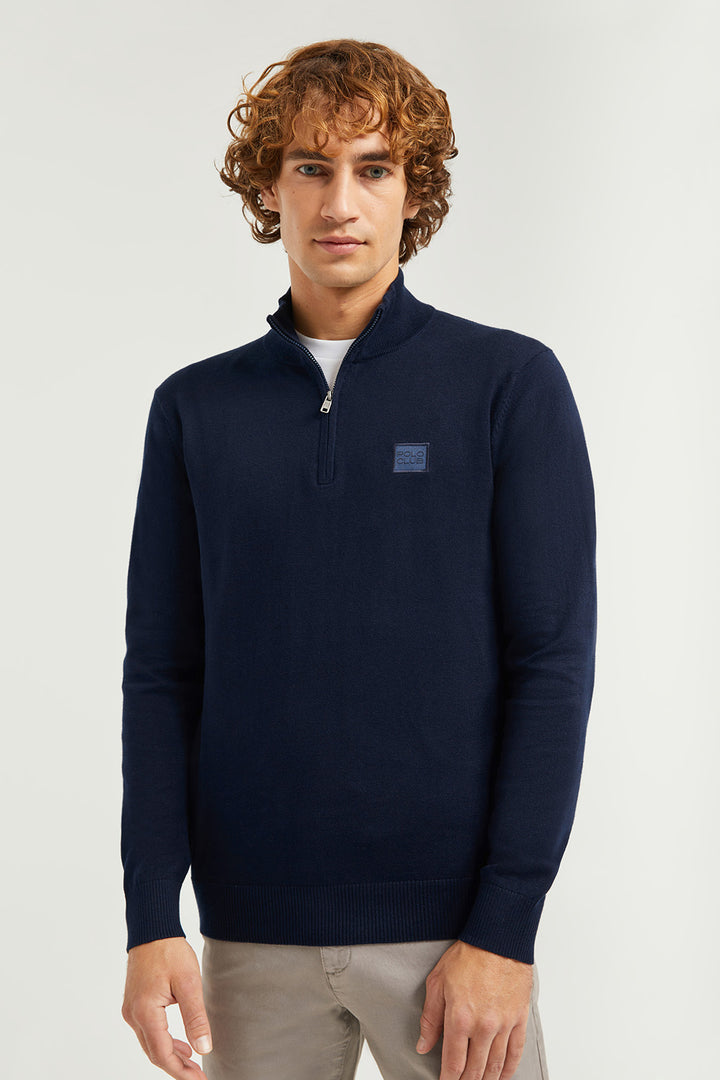 Jersey básico azul marino de cuello alto y cremallera con logotipo Polo Club