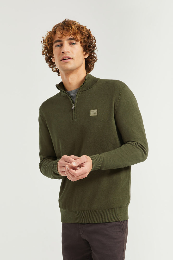 Jersey básico verde oliva de cuello alto y cremallera con logotipo Polo Club