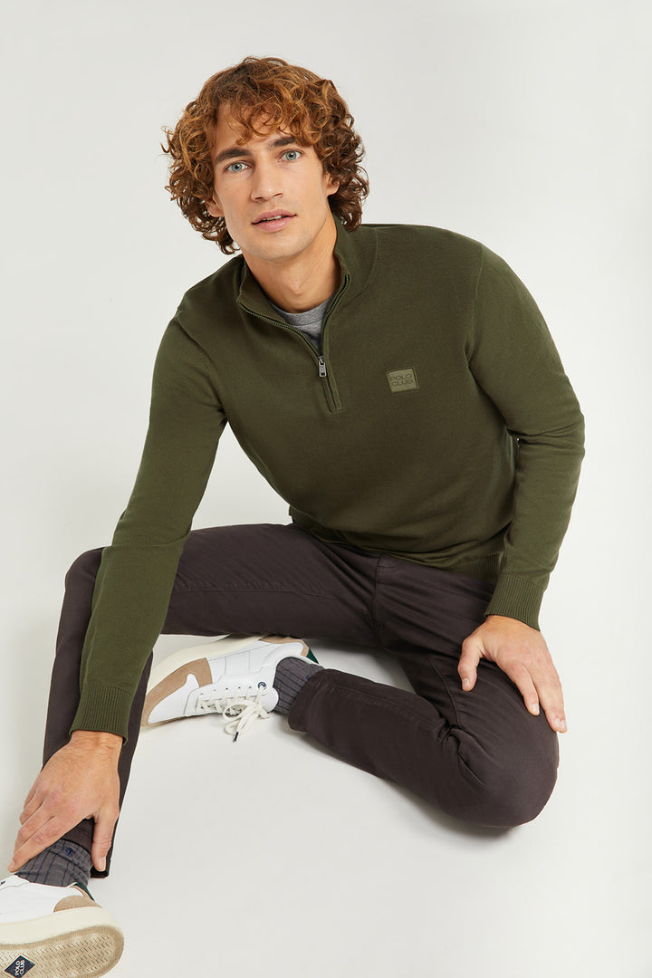 Jersey básico verde oliva de cuello alto y cremallera con logotipo Polo Club