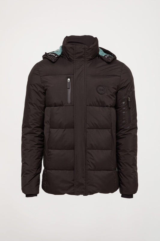 Black après-ski puffer jacket with detachable hood