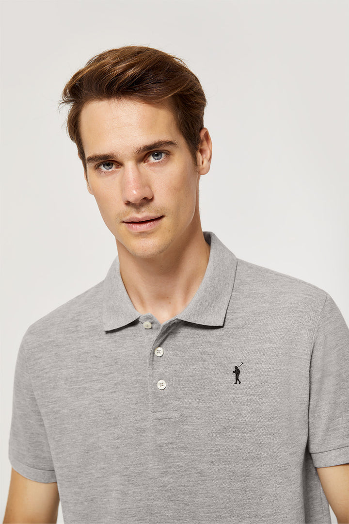 Grey-vigore pique polo shirt with three-button placket and contrast embroidered logo