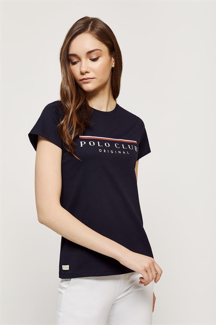 Camiseta azul marino con estampación gráfica frontal a dos tonos