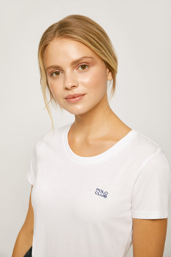 T-shirt orgânica branca com decote redondo e logótipo bordado