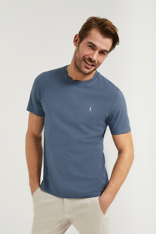 Denim-blue cotton basic T-shirt with Rigby Go logo
