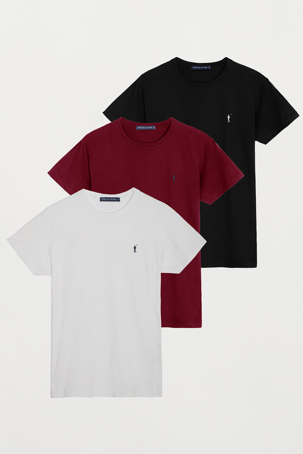 de tres camisetas negra, blanca y burdeos de cuello redondo y log – Polo Club