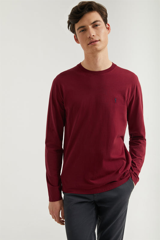 Maroon long-sleeve basic T-shirt with Rigby Go logo