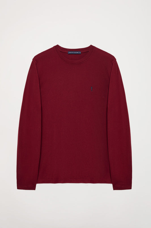 Maroon long-sleeve basic T-shirt with Rigby Go logo