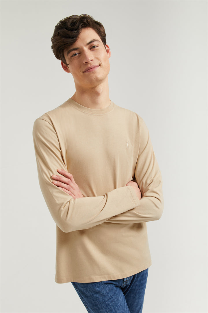 T-shirt básica cor de areia de manga comprida com logótipo Rigby Go