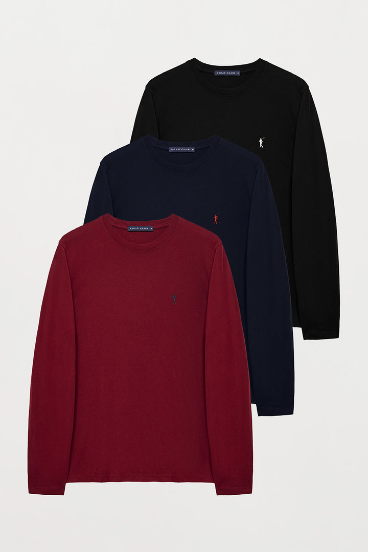 Pack de três t-shirts básicas de manga comprida com logótipo bordado