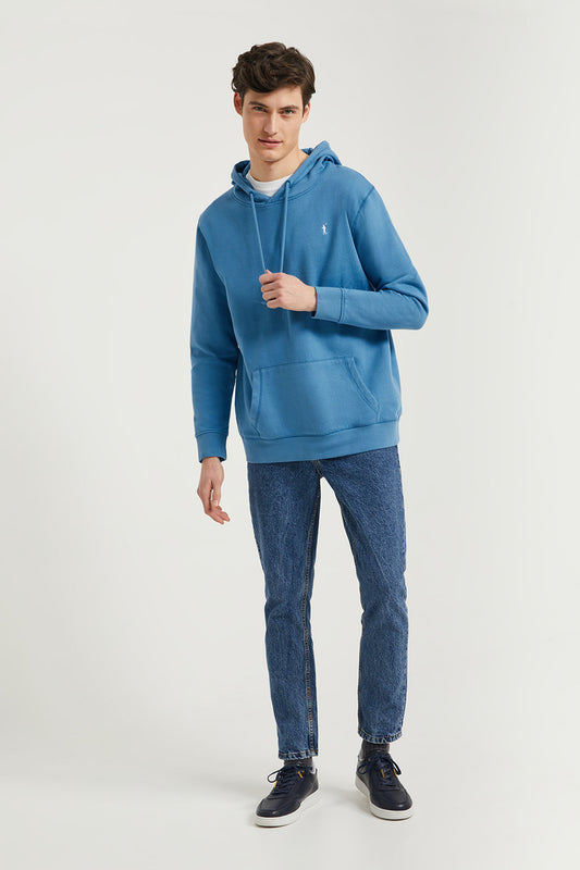 Deep-blue hoodie with pockets and Rigby Go logo
