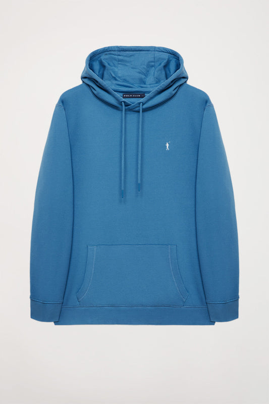 Deep-blue hoodie with pockets and Rigby Go logo
