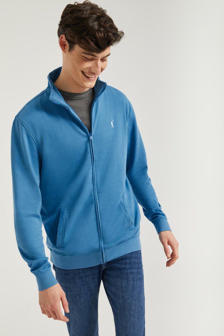 Sudadera abierta de cuello elevado azul profundo con logo Rigby Go