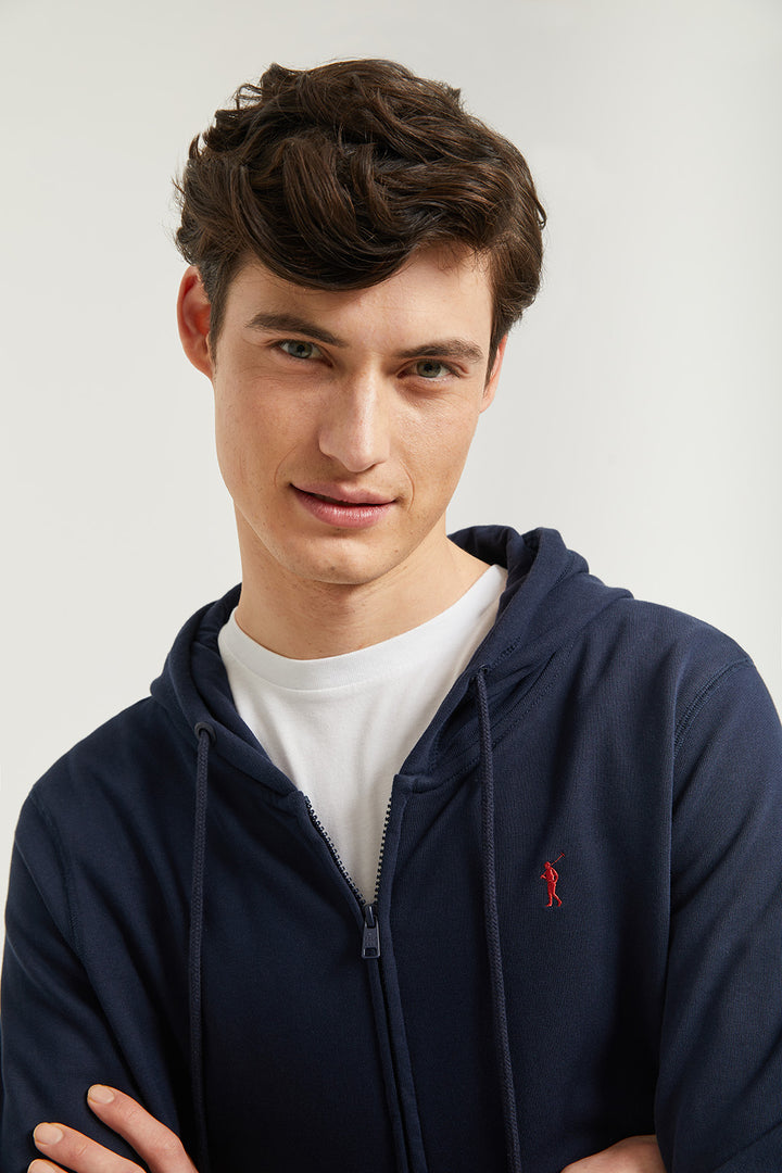 Sweatshirt azul marinho com fecho-éclair e capuz e logótipo Rigby Go