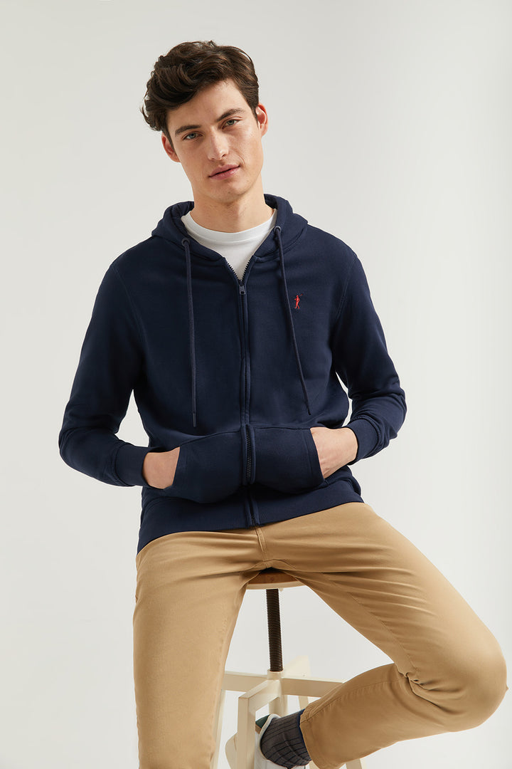 Sweatshirt azul marinho com fecho-éclair e capuz e logótipo Rigby Go