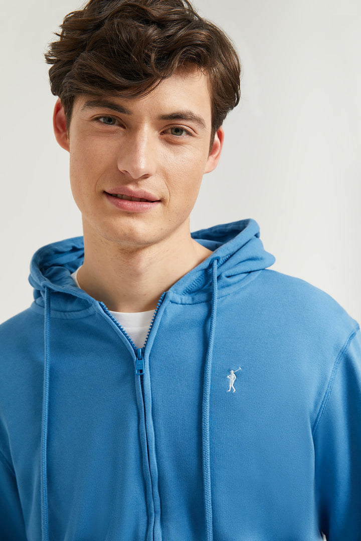 Sudadera azul profundo de cremallera con capucha y logo Rigby Go