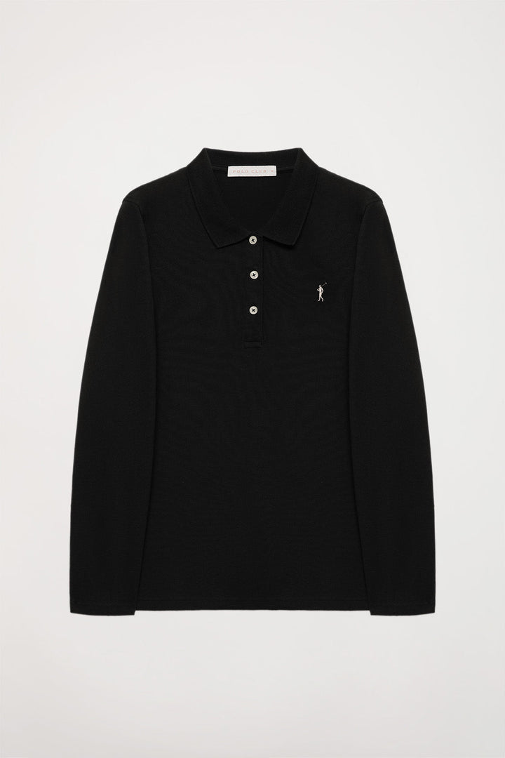 Black long-sleeve pique polo shirt with Rigby Go logo