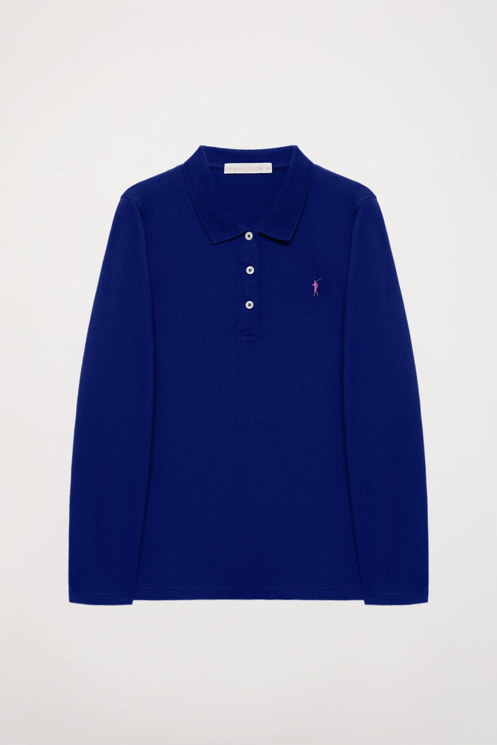Royal-blue long-sleeve pique polo shirt with Rigby Go logo