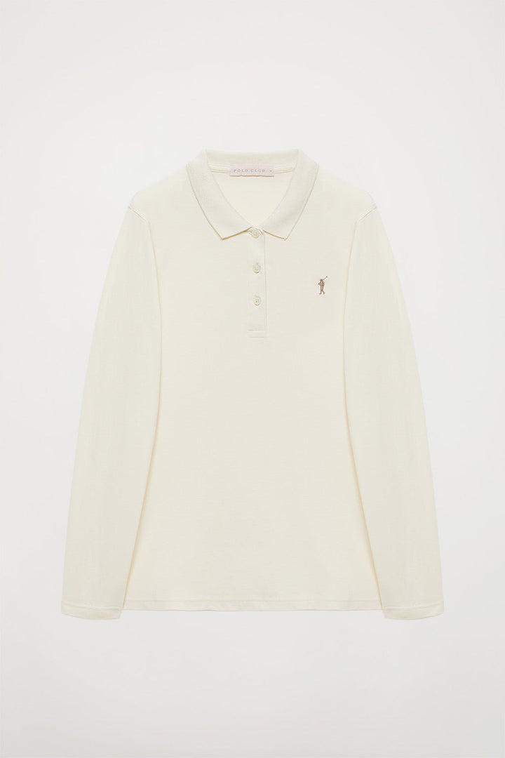 Beige long-sleeve pique polo shirt with Rigby Go logo