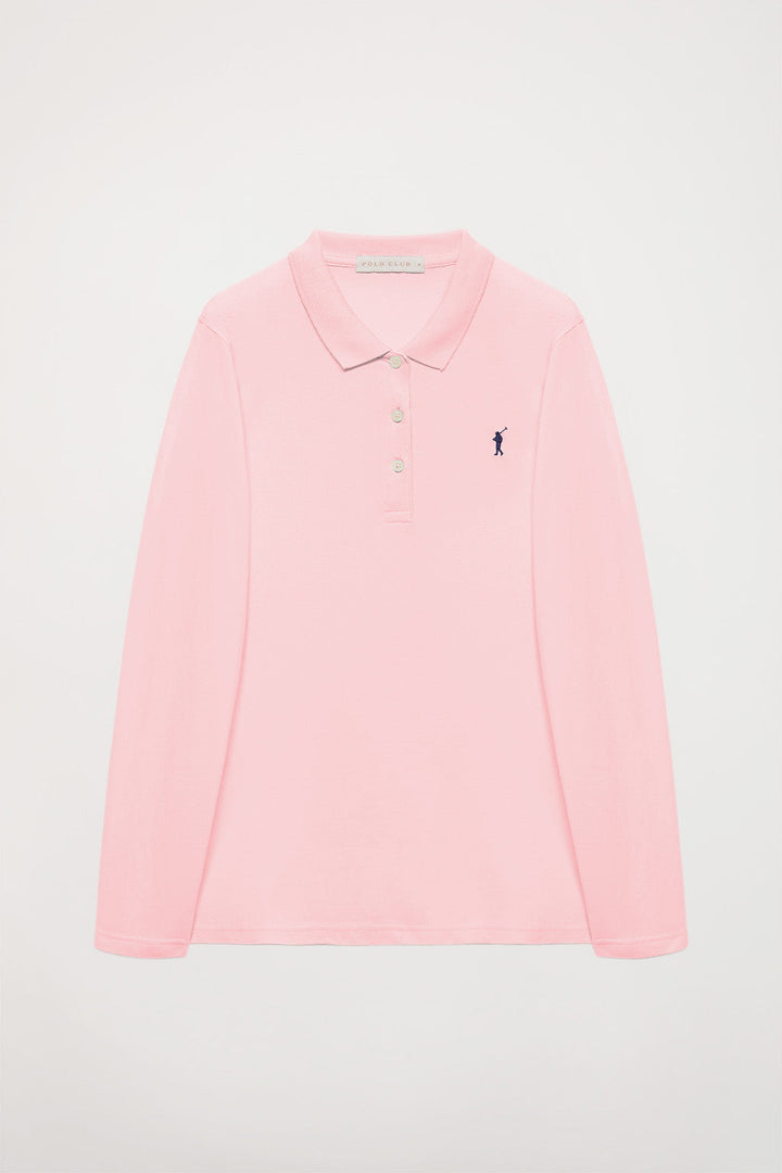 Pink long-sleeve pique polo shirt with Rigby Go logo