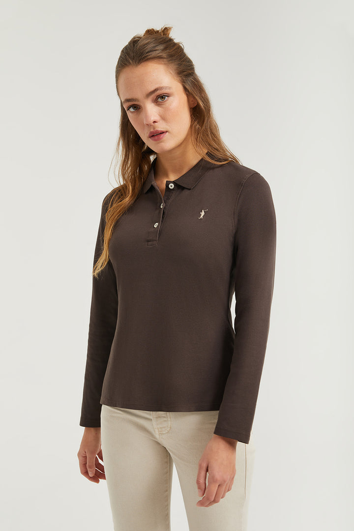Polo de manga larga piqué marrón con logo Rigby Go