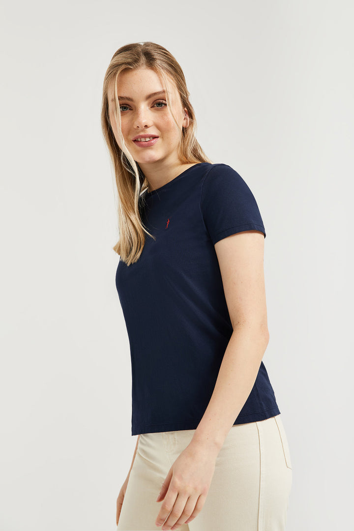 Navy-blue short-sleeve basic T-shirt with Rigby Go logo