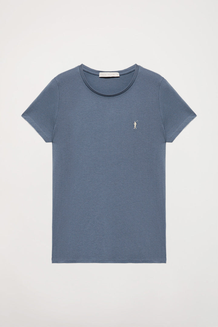 Denim-blue short-sleeve basic T-shirt with Rigby Go logo
