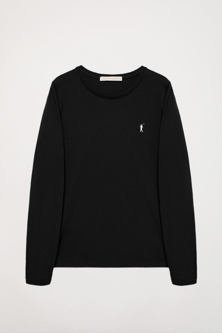 Black long-sleeve T-shirt with Rigby Go logo