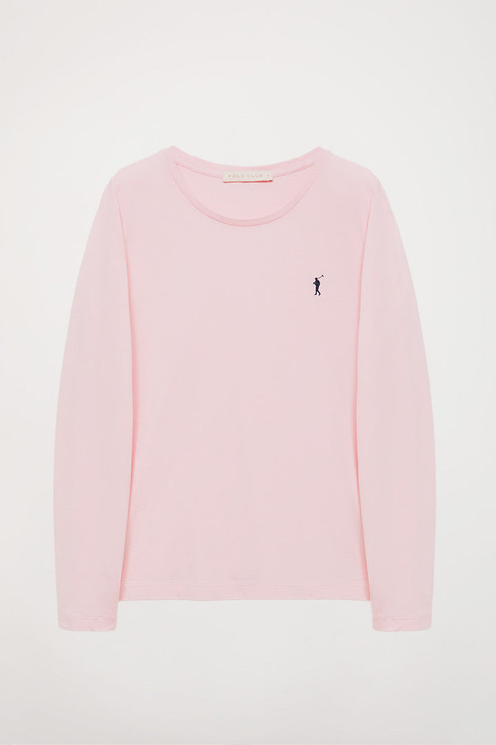 Pink long-sleeve basic T-shirt with Rigby Go logo