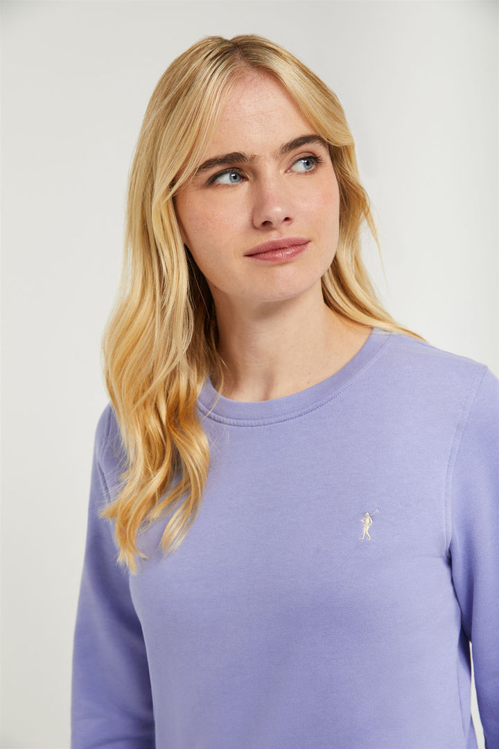 Sudadera básica azul lavanda de cuello redondo y logo Rigby Go