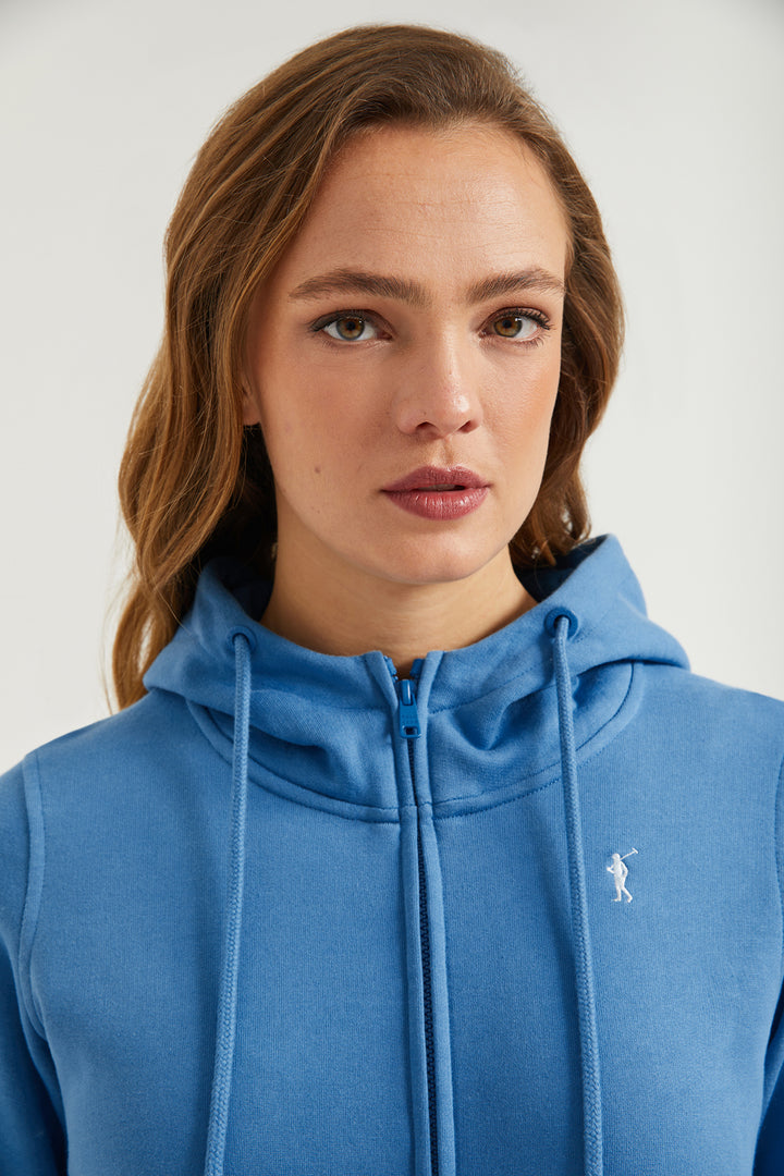 Sudadera abierta azul profundo con capucha y logo Rigby Go