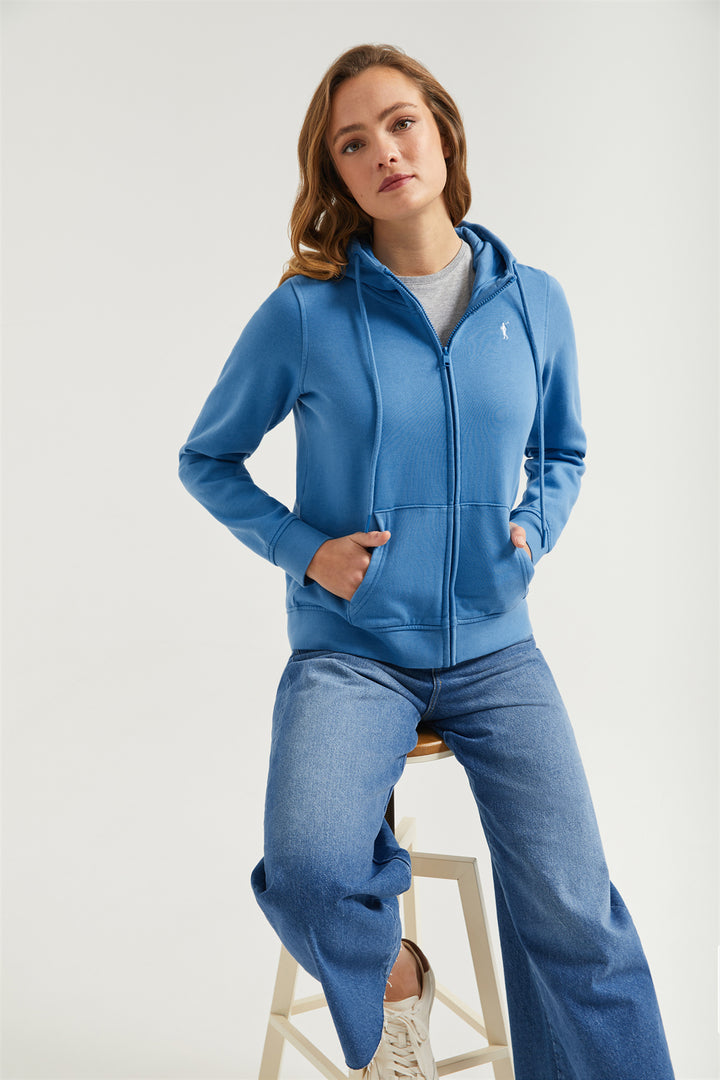 Sudadera abierta azul profundo con capucha y logo Rigby Go