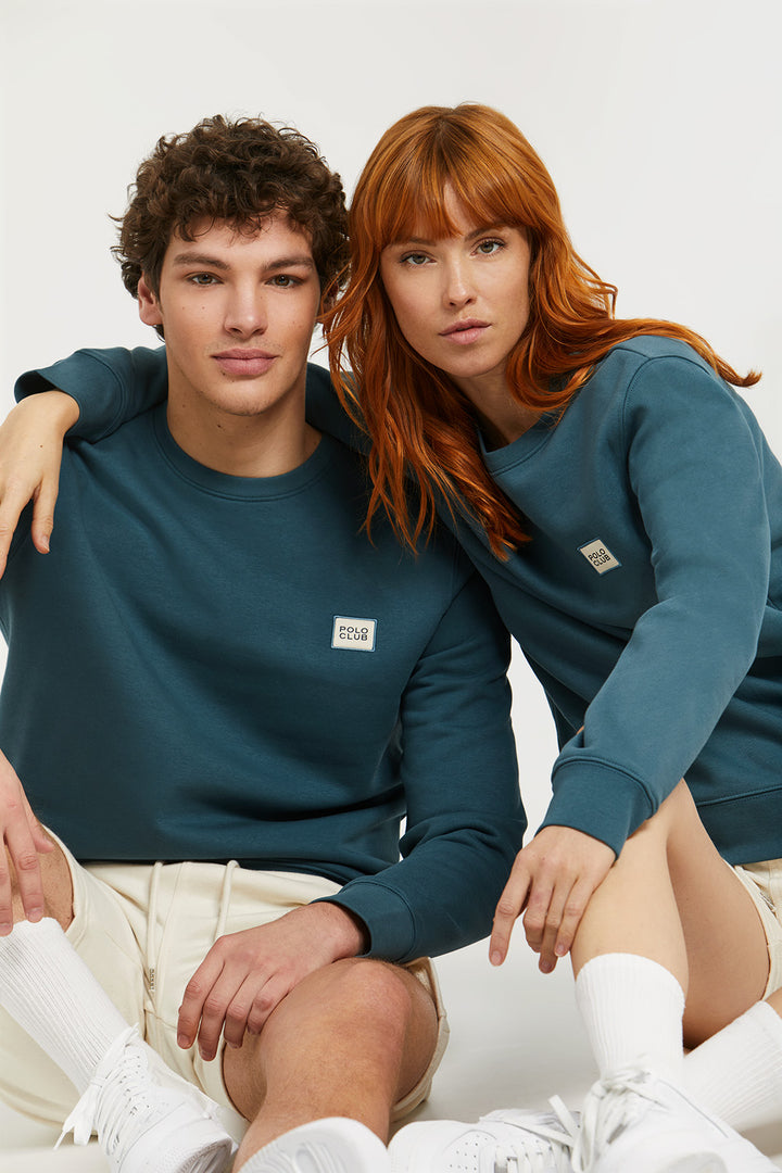 Sweatshirt com decote redondo azul petróleo orgânica Neutrals com logótipo