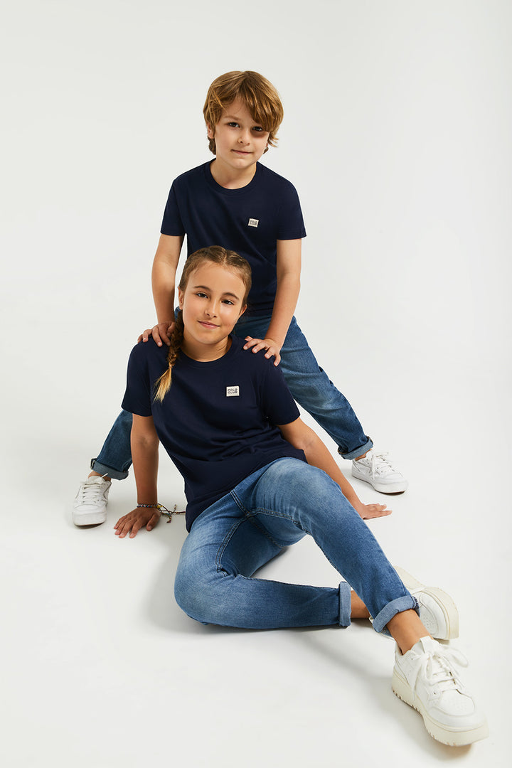 Camiseta orgánica de manga corta azul marino Neutrals kids con logo