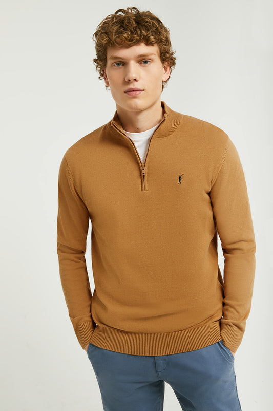 Camisola castanho quente de algodão com fecho-éclair e logótipo Rigby Go